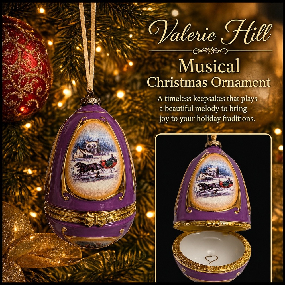 Valerie Hill Musical Christmas Ornament Purple Egg Winter Sleigh Scene Christmas